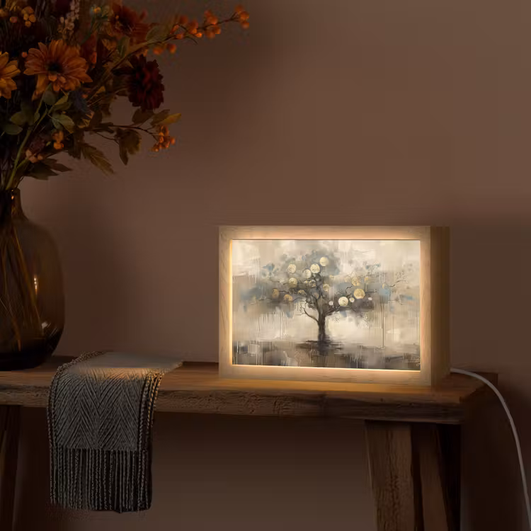 Beige - Abstract - Boom - Goud Light Box met kabel (Tafellamp) klein -sfeer4