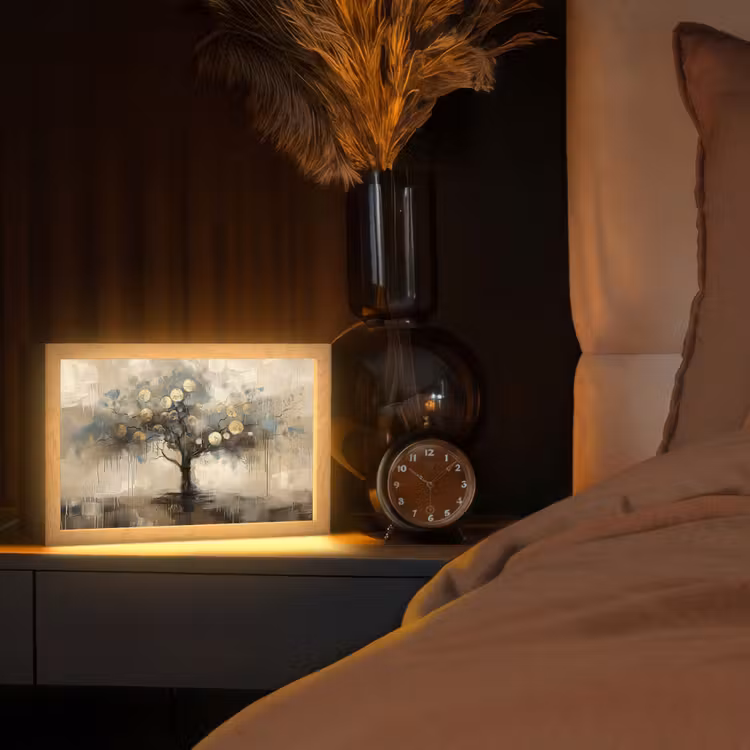 Beige - Abstract - Boom - Goud Light Box met kabel (Tafellamp) klein -sfeer1