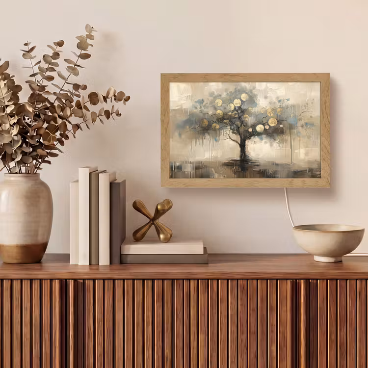 Beige - Abstract - Boom - Goud Light Box met kabel (Tafellamp) klein -sfeer2