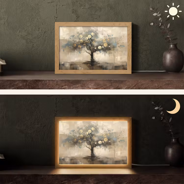 Beige - Abstract - Boom - Goud Light Box met kabel (Tafellamp) klein -sfeer3