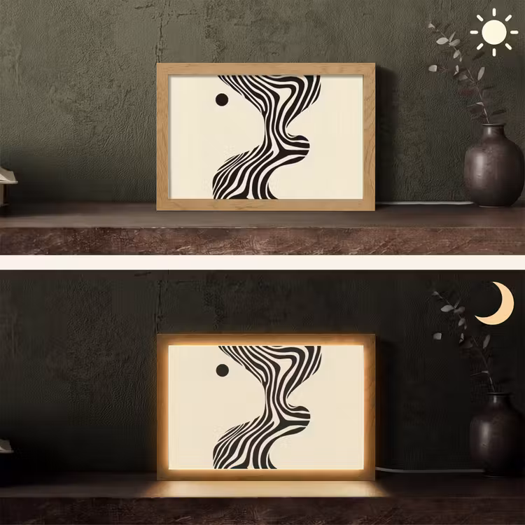 Beige - Lijnen - Golvend - Abstract Light Box met kabel (Tafellamp) klein -sfeer3