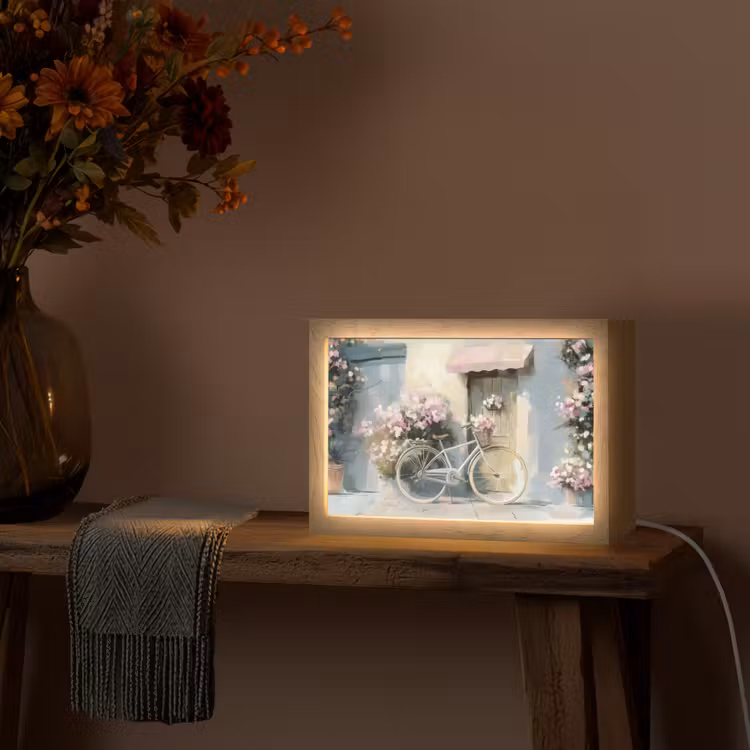Fiets - Pastelkleuren - Bloemen Light Box met kabel (Tafellamp) klein -sfeer4