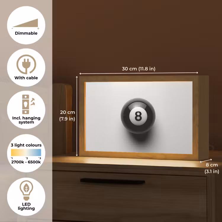 Biljartbal - Getal - Acht - Wit Light Box met kabel (Tafellamp) klein -USP_EN