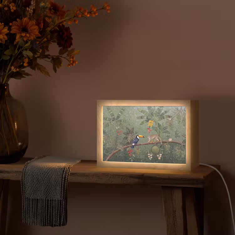 Vogel - Dier - Jungle - Mozaïek - Natuur Light Box met kabel (Tafellamp) klein -sfeer4