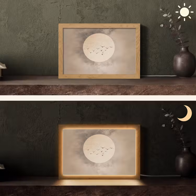 Vogel - Beige - Japandi Light Box met kabel (Tafellamp) klein -sfeer3