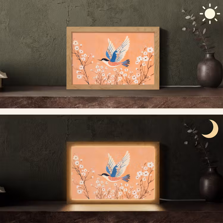Vogel - Bloesemtakken - Warm - Kleurrijk Light Box met kabel (Tafellamp) klein -sfeer3