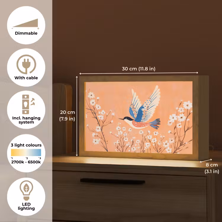 Vogel - Bloesemtakken - Warm - Kleurrijk Light Box met kabel (Tafellamp) klein -USP_EN