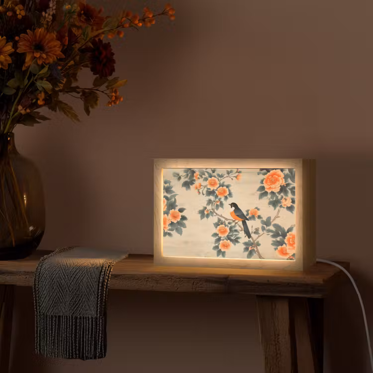 Vogel - Tak - Bloemen - Oranje Light Box met kabel (Tafellamp) klein -sfeer4