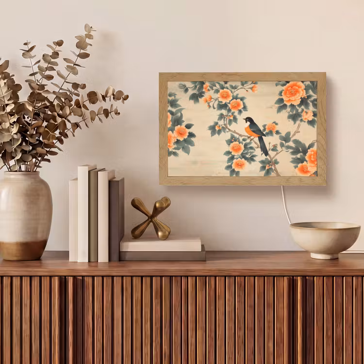 Vogel - Tak - Bloemen - Oranje Light Box met kabel (Tafellamp) klein -sfeer2