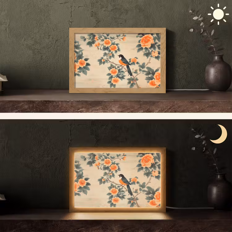 Vogel - Tak - Bloemen - Oranje Light Box met kabel (Tafellamp) klein -sfeer3