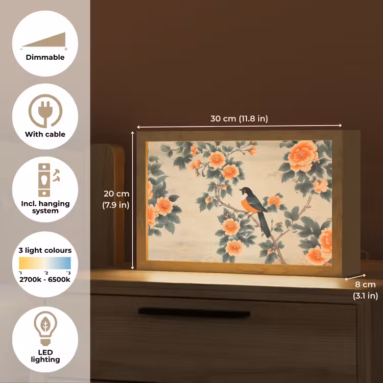 Vogel - Tak - Bloemen - Oranje Light Box met kabel (Tafellamp) klein -USP_EN