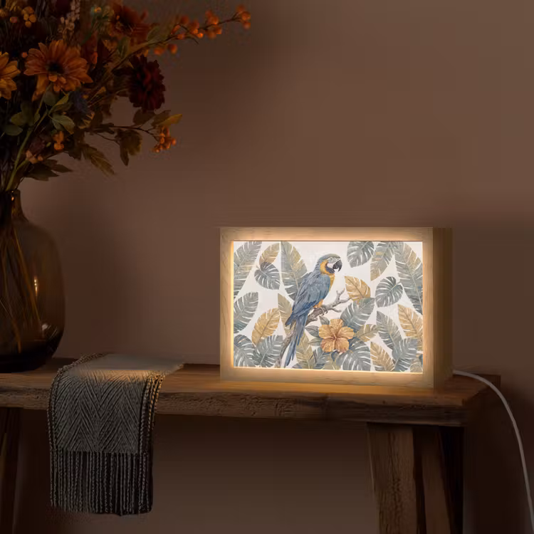Vogel - Tak - Natuur - Mozaïek - Blauw Light Box met kabel (Tafellamp) klein -sfeer4