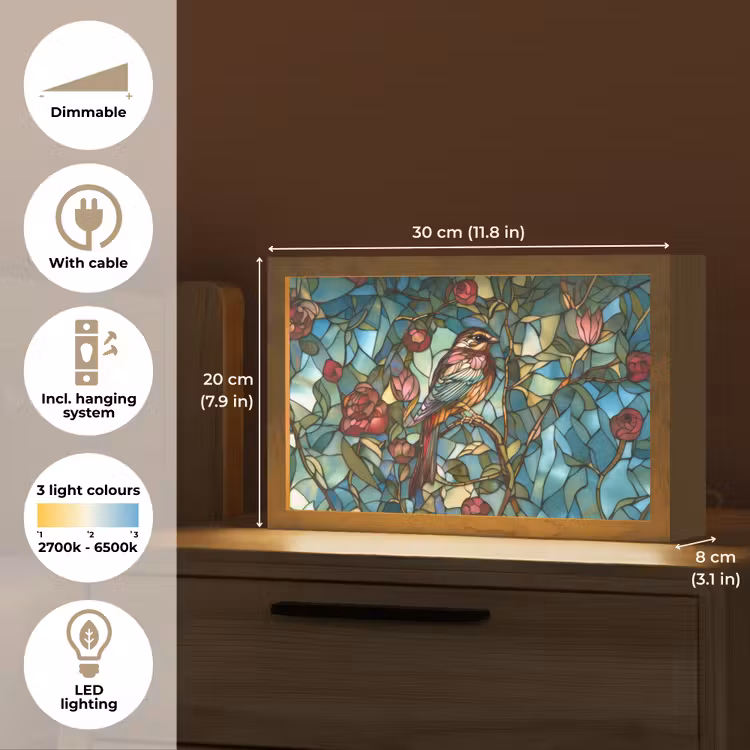 Vogel - Tak - Rozen - Mozaïek Light Box met kabel (Tafellamp) klein -USP_EN