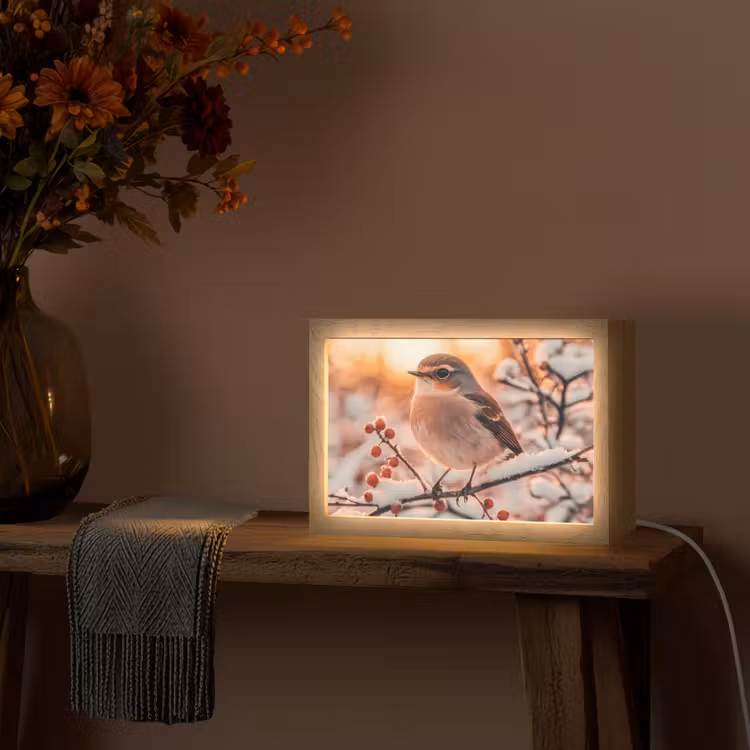 Vogel - Tak - Winter - Dieren - Sneeuw Light Box met kabel (Tafellamp) klein -sfeer4