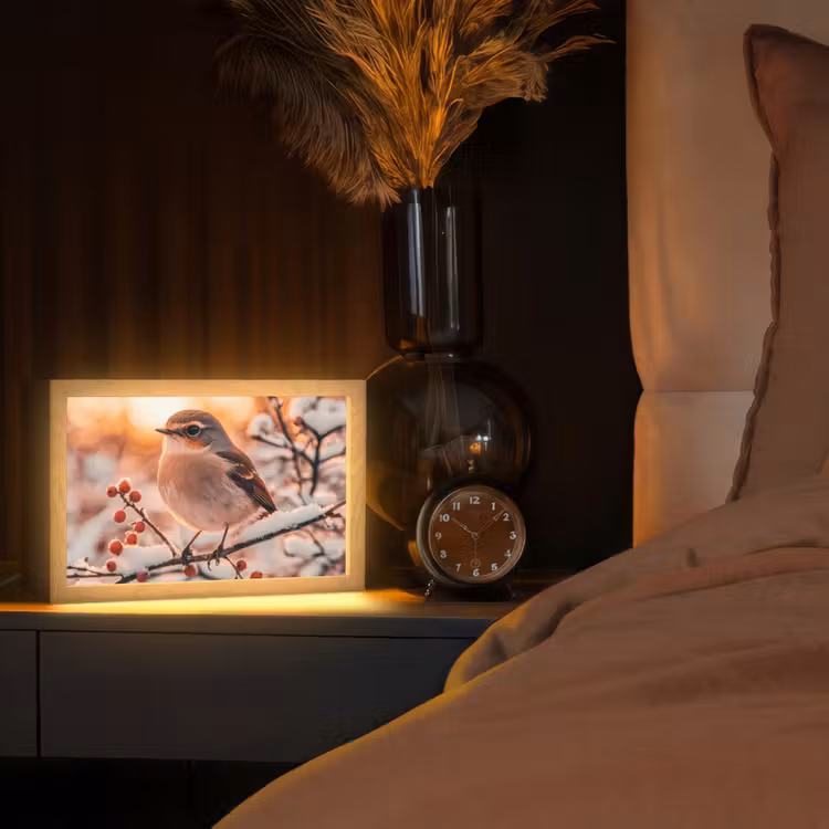 Vogel - Tak - Winter - Dieren - Sneeuw Light Box met kabel (Tafellamp) klein -sfeer1