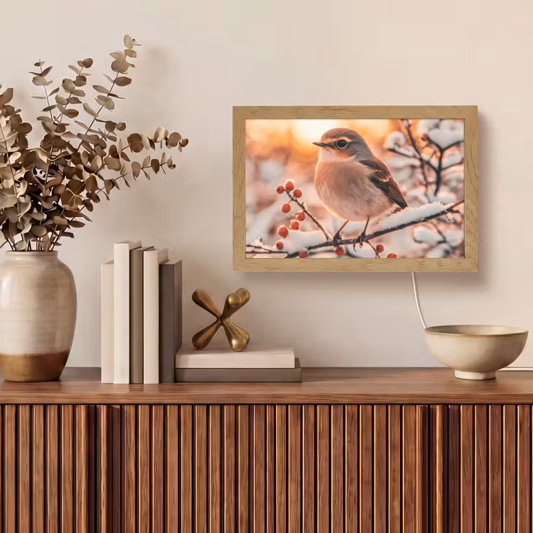 Vogel - Tak - Winter - Dieren - Sneeuw Light Box met kabel (Tafellamp) klein -sfeer2