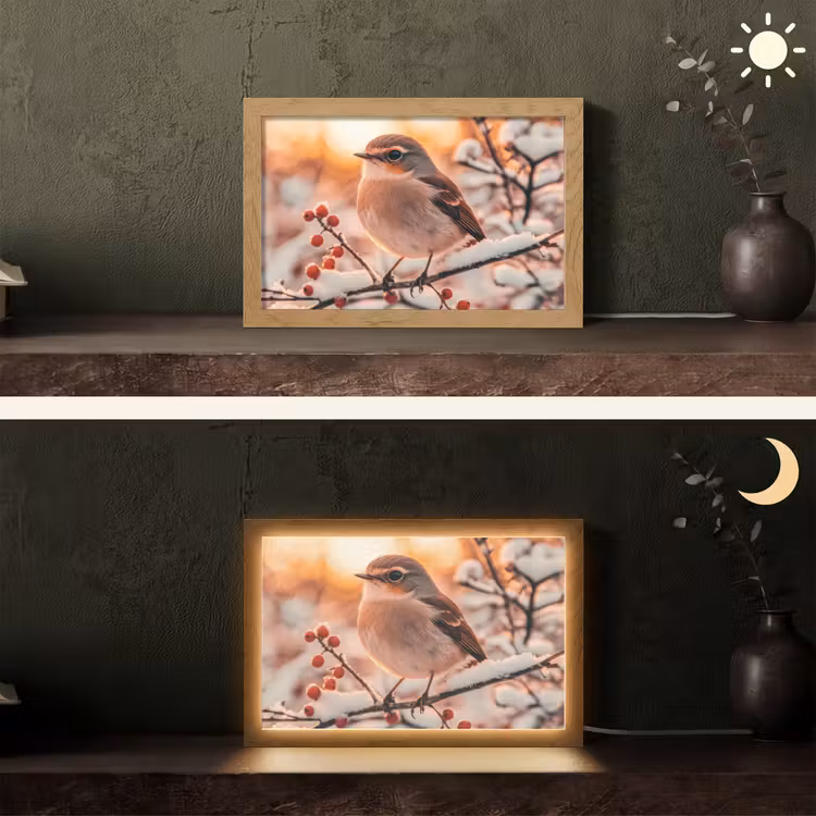 Vogel - Tak - Winter - Dieren - Sneeuw Light Box met kabel (Tafellamp) klein -sfeer3