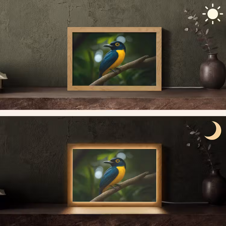 Vogel - Tak - Geel - Bladeren Light Box met kabel (Tafellamp) klein -sfeer3