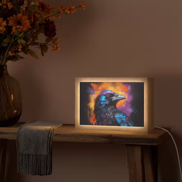 Vogel - Kraai - Graffiti - Zwart - Dieren Light Box met kabel (Tafellamp) klein -sfeer4