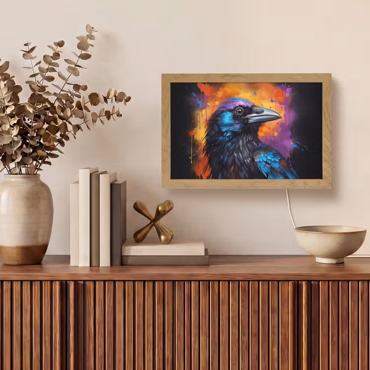 Vogel - Kraai - Graffiti - Zwart - Dieren Light Box met kabel (Tafellamp) klein -sfeer2
