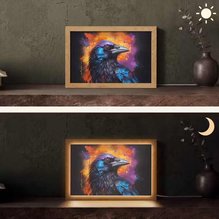 Vogel - Kraai - Graffiti - Zwart - Dieren Light Box met kabel (Tafellamp) klein -sfeer3
