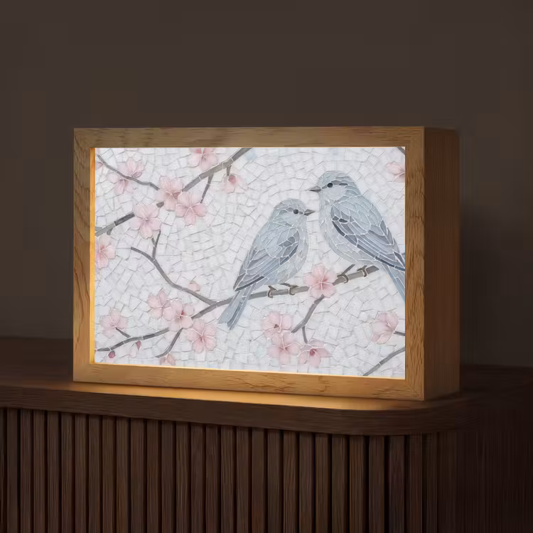 Vogel - Bloemen - Natuur - Mozaïek - Roze Light Box met kabel (Tafellamp) klein -z3d_website