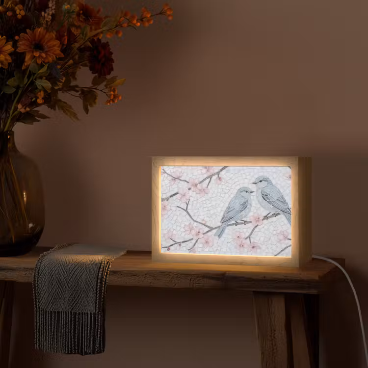 Vogel - Bloemen - Natuur - Mozaïek - Roze Light Box met kabel (Tafellamp) klein -sfeer4