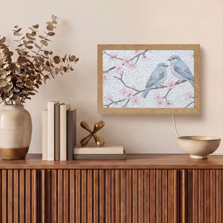 Vogel - Bloemen - Natuur - Mozaïek - Roze Light Box met kabel (Tafellamp) klein -sfeer2