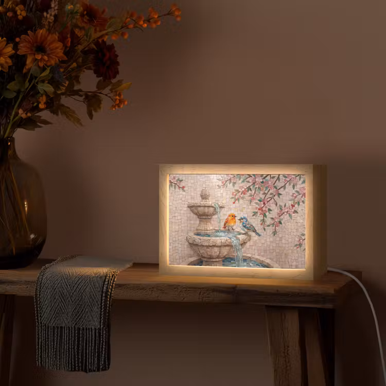 Vogel - fontein - mozaiek - kleurrijk - dieren Light Box met kabel (Tafellamp) klein -sfeer4