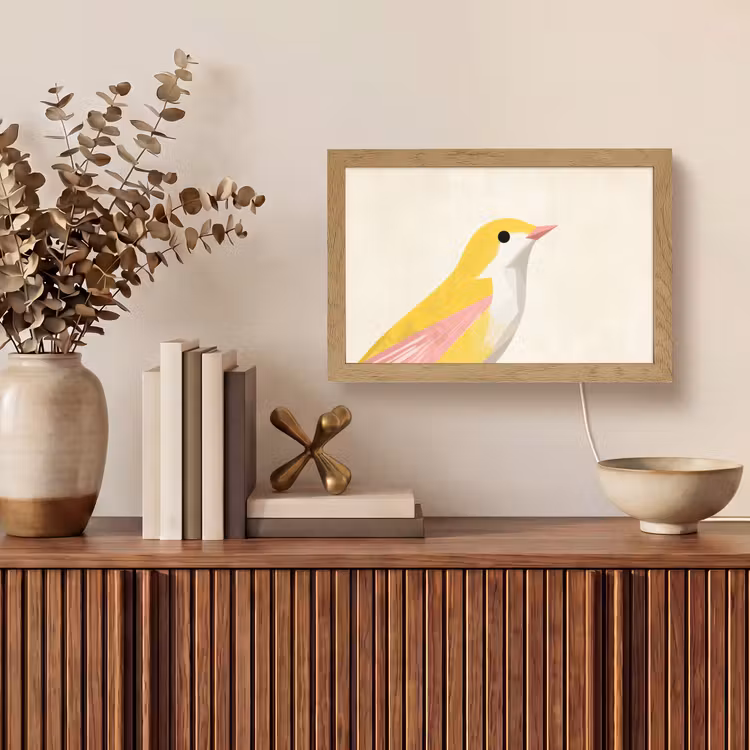 Vogel - Minimalistisch - Geel Light Box met kabel (Tafellamp) klein -sfeer2