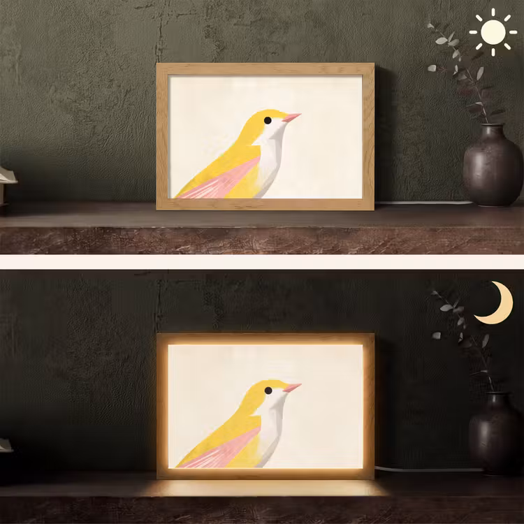 Vogel - Minimalistisch - Geel Light Box met kabel (Tafellamp) klein -sfeer3