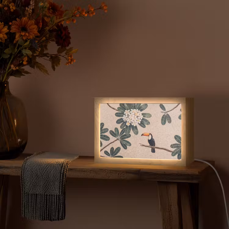 Vogel - Mozaïek - Tropisch - Natuur - Kleurrijk Light Box met kabel (Tafellamp) klein -sfeer4