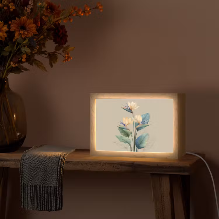 Paradijsvogelbloemen - Blauwgroene bladeren - Beige Light Box met kabel (Tafellamp) klein -sfeer4