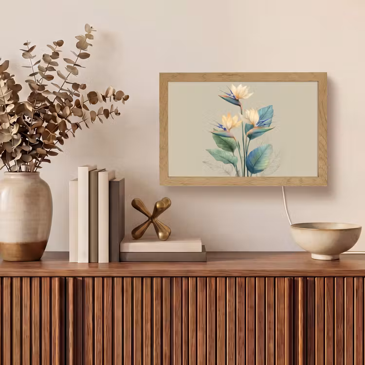 Paradijsvogelbloemen - Blauwgroene bladeren - Beige Light Box met kabel (Tafellamp) klein -sfeer2