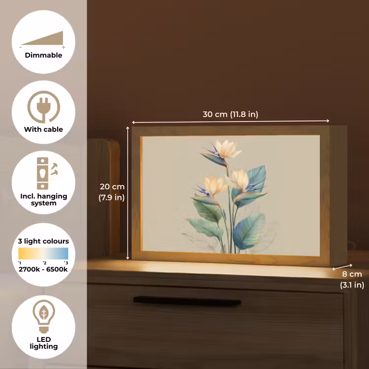 Paradijsvogelbloemen - Blauwgroene bladeren - Beige Light Box met kabel (Tafellamp) klein -USP_EN