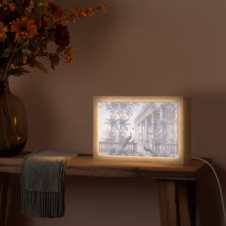 Vogel - Pauw - Architectuur - Klassiek - Groen Light Box met kabel (Tafellamp) klein -sfeer4