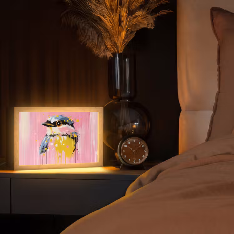Vogel - Roze - Geel - Blauw Light Box met kabel (Tafellamp) klein -sfeer1