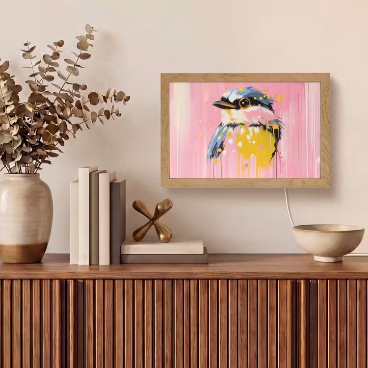 Vogel - Roze - Geel - Blauw Light Box met kabel (Tafellamp) klein -sfeer2