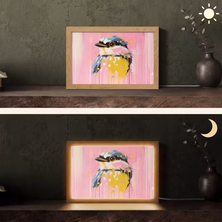Vogel - Roze - Geel - Blauw Light Box met kabel (Tafellamp) klein -sfeer3