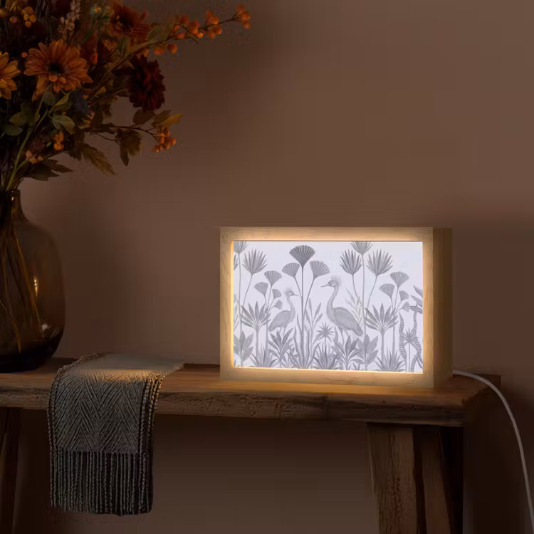 Vogel - Tropisch - Illustratie - Blauwgrijs - Natuur Light Box met kabel (Tafellamp) klein -sfeer4