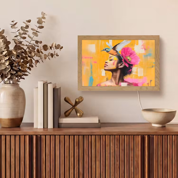 Vogel - Vrouw - Abstract - Bloem Light Box met kabel (Tafellamp) klein -sfeer2