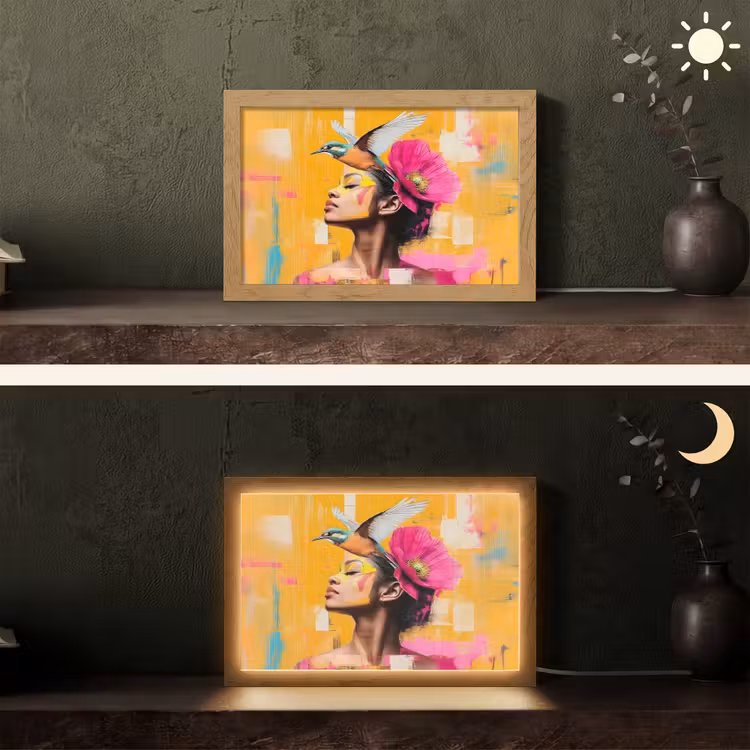 Vogel - Vrouw - Abstract - Bloem Light Box met kabel (Tafellamp) klein -sfeer3