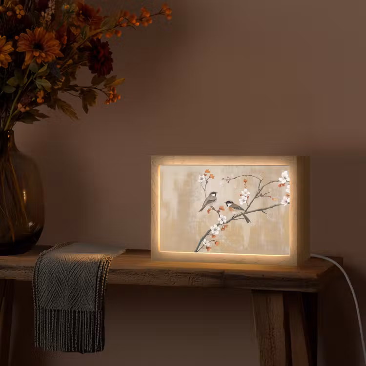 Vogels - Bloesemtak - Bloemen - Oranje Light Box met kabel (Tafellamp) klein -sfeer4