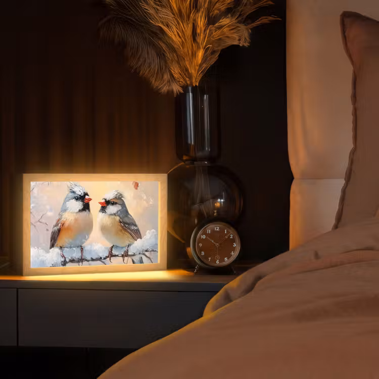 Vogels - Tak - Winter - Sneeuw Light Box met kabel (Tafellamp) klein -sfeer1