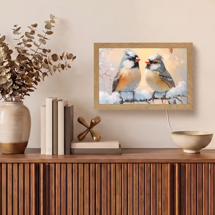 Vogels - Tak - Winter - Sneeuw Light Box met kabel (Tafellamp) klein -sfeer2