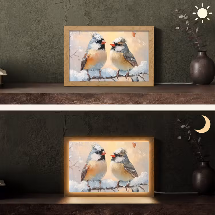 Vogels - Tak - Winter - Sneeuw Light Box met kabel (Tafellamp) klein -sfeer3