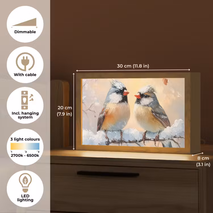 Vogels - Tak - Winter - Sneeuw Light Box met kabel (Tafellamp) klein -USP_EN