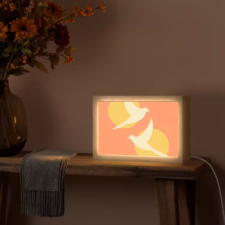 Vogels - Cirkels - Geel Light Box met kabel (Tafellamp) klein -sfeer4