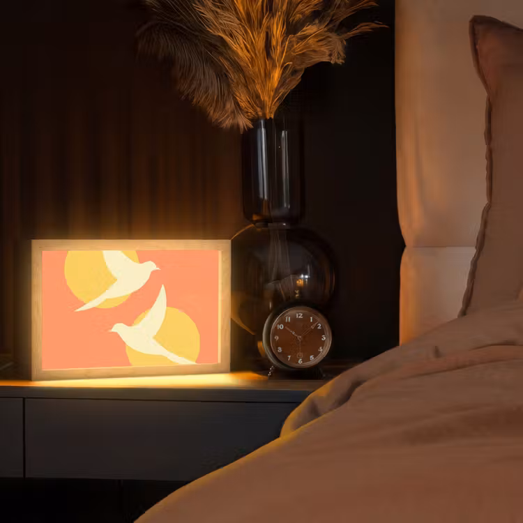 Vogels - Cirkels - Geel Light Box met kabel (Tafellamp) klein -sfeer1