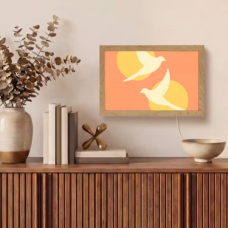 Vogels - Cirkels - Geel Light Box met kabel (Tafellamp) klein -sfeer2